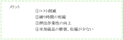 再生ゴムのメリット・・・コスト削減、練り時間の短縮、押出作業性の向上、未加硫品の膨張、収縮が少ない